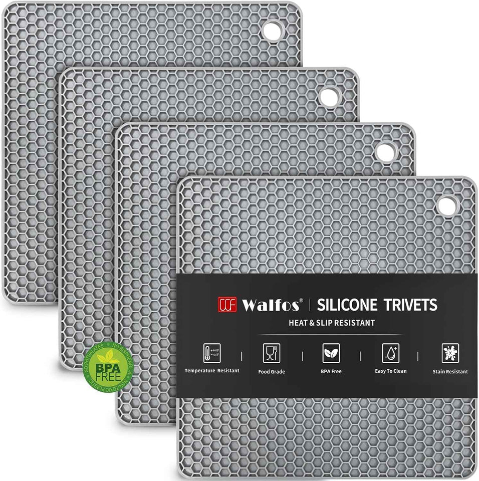 Walfos Silicone Trivet Mats - 4 Heat Resistant Pot Holders, Multipurpose Non-Slip Hot Pads for Kitchen Potholders, Hot Dishers, Jar Opener, Spoon Holder, Food Grade Silicone & BPA Free (Black)
