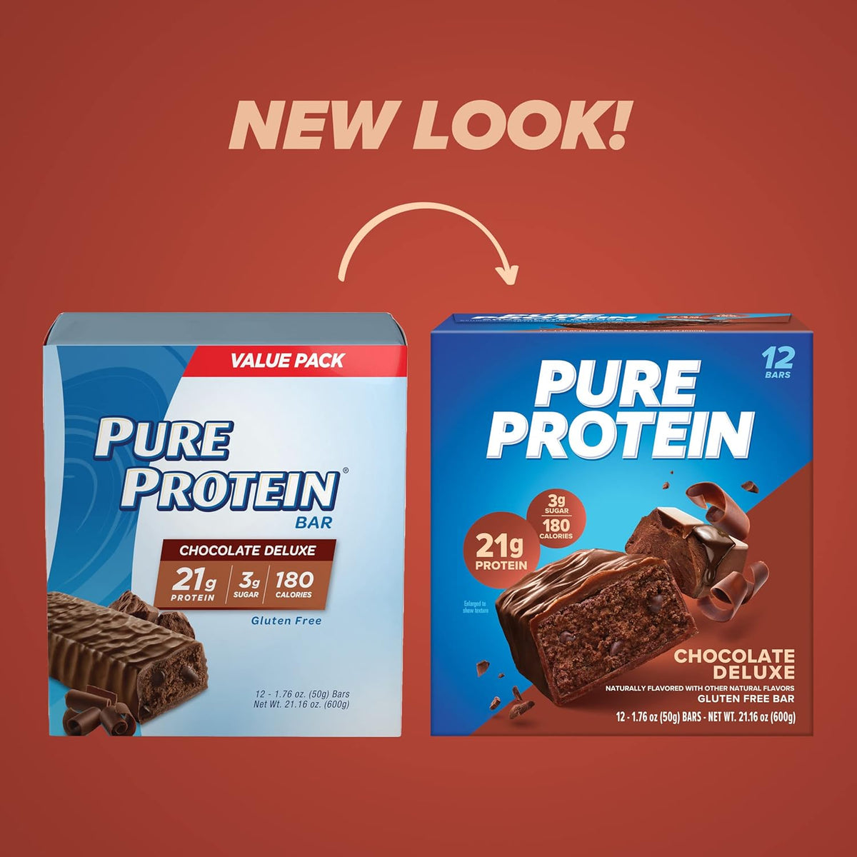 Pure Protein Chocolate Deluxe Protein Bars – 20g Protein, 3g Sugar, 190 Calories (12 count) Low Sugar* High Protein Snack - Gluten Free - Perfect for a Healthy Snack