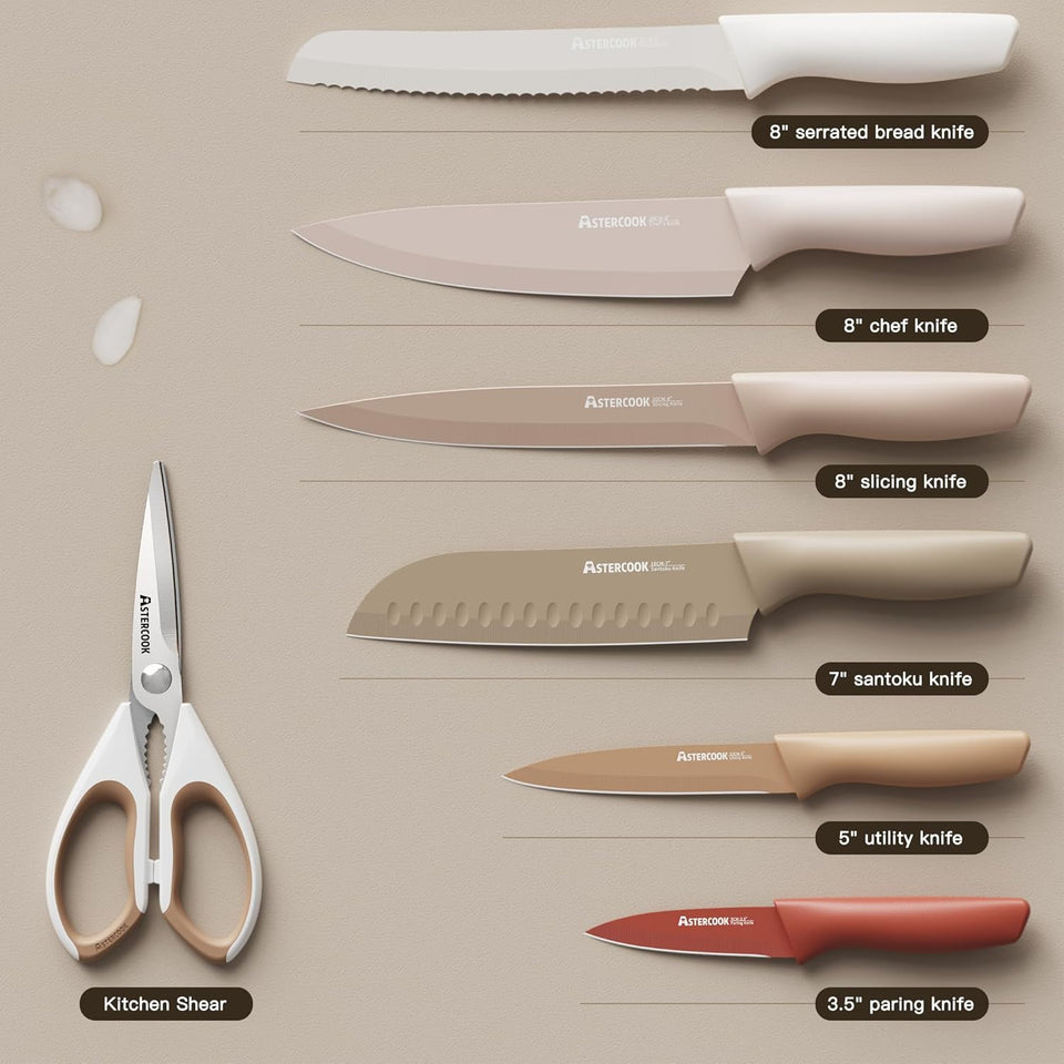 Astercook Knife Set, 13 Pieces Kitchen Knives Set with Healthy Anti-Rust Coating, Dishwasher Safe, Stainless Steel Chef Knife Sets with 6 Blade Guards, Perfect Valentine's Day Gifts for Kitchen