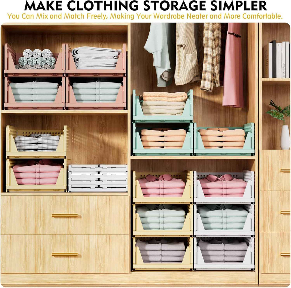 SNSLXH 5 Pack Stackable Closet Storage Baskets - Multifunctional Foldable Closet Organizer