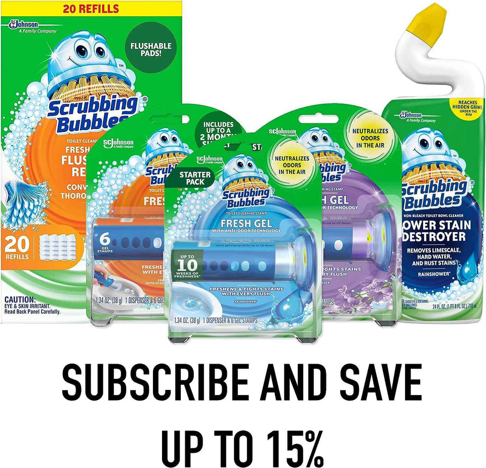 Scrubbing Bubbles Fresh Gel Toilet Bowl Cleaning Stamps, Helps Keep Toilet Clean and Helps Prevent Limescale & Rings, Rainshower Scent, 1 Dispenser with 6 Fresh Gel Stamps