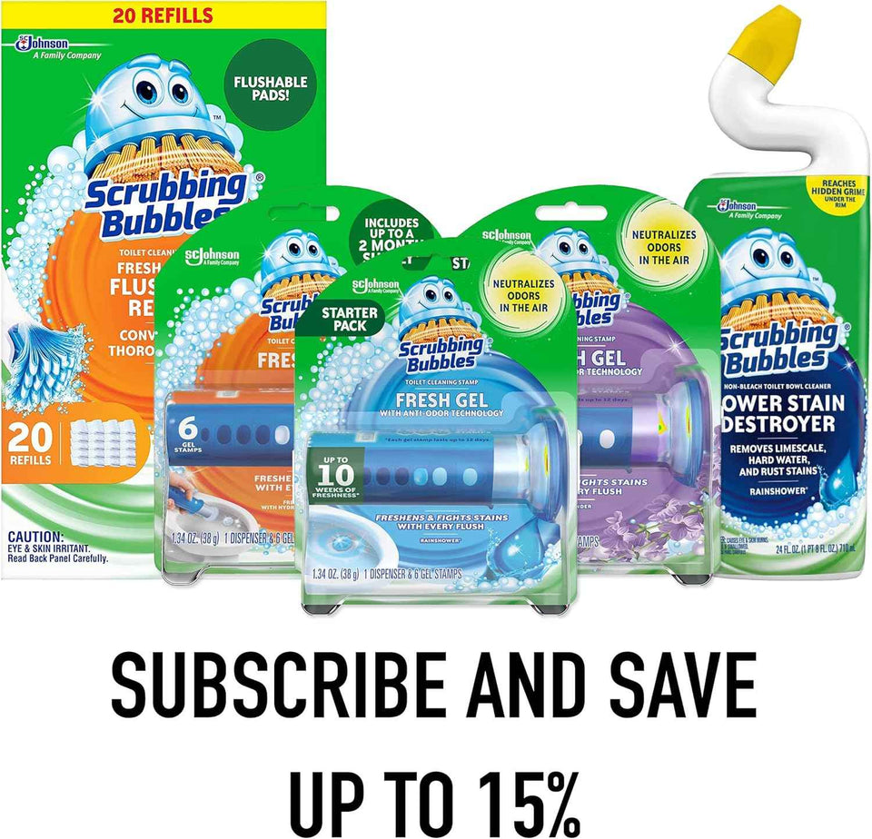 Scrubbing Bubbles Fresh Gel Toilet Bowl Cleaning Stamps, Helps Keep Toilet Clean and Helps Prevent Limescale & Rings, Rainshower Scent, 1 Dispenser with 6 Fresh Gel Stamps
