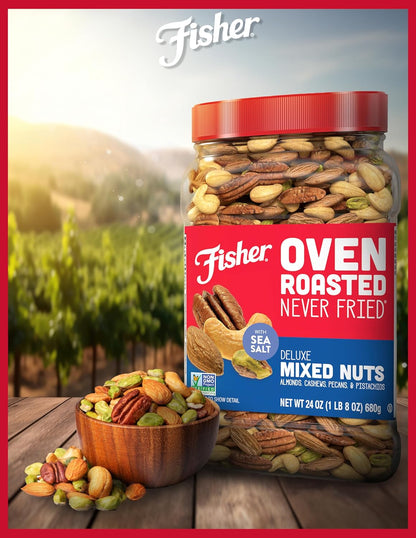 Fisher Oven Roasted Never Fried Deluxe Mixed Nuts, 24 Ounces (Pack of 1), Almonds, Cashews, Pecans, Pistachios, Healthy Snacks for Adults, Made With Sea Salt, No Added Oil, Trail Mix, Gluten Free