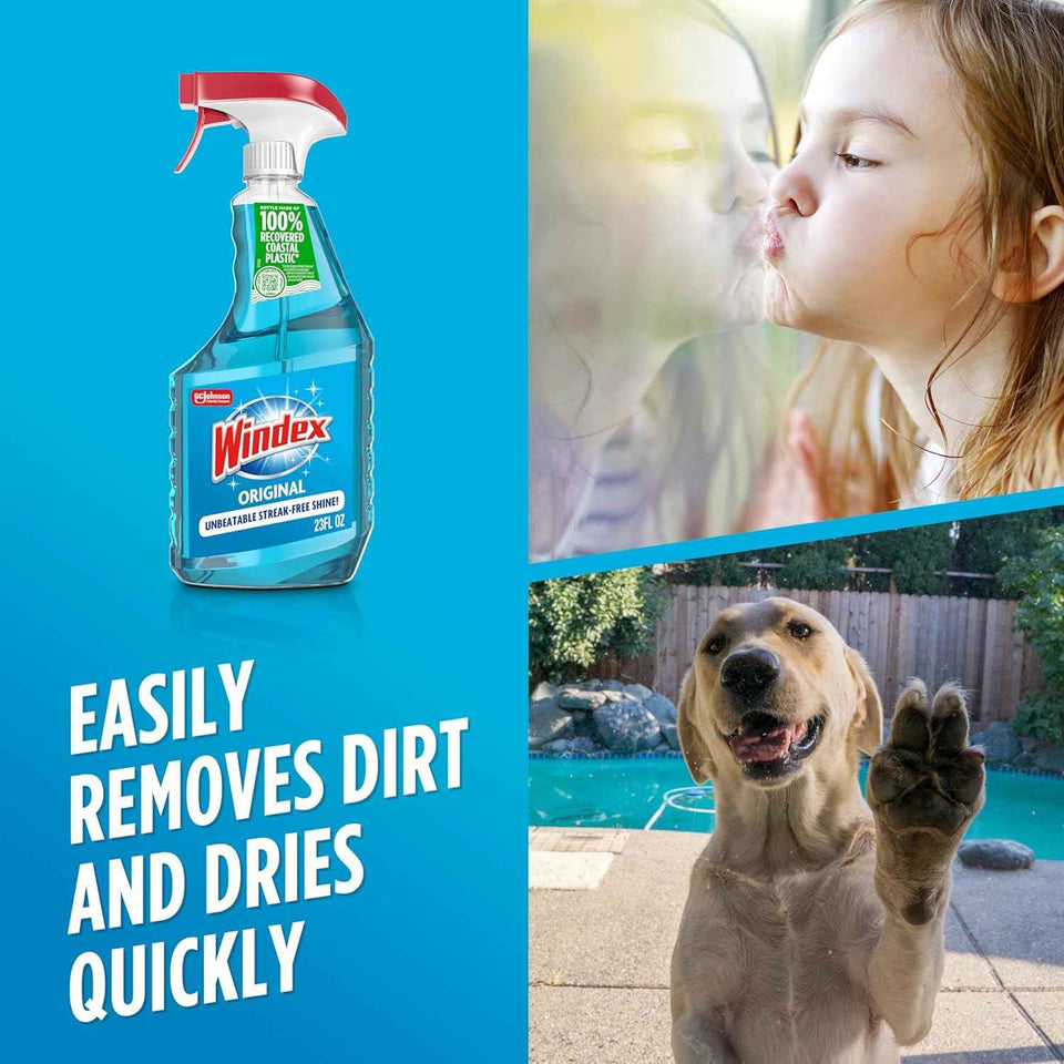Windex Glass and Window Cleaner Spray Bottle, Packaging Designed to Prevent Leakage and Breaking, Surface Cleaning Spray, Original Blue Scent, 23 Fl Oz