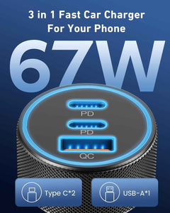 67w 3-port super fast type c car charger for samsung galaxy s25, iphone 17, android phones and accessories