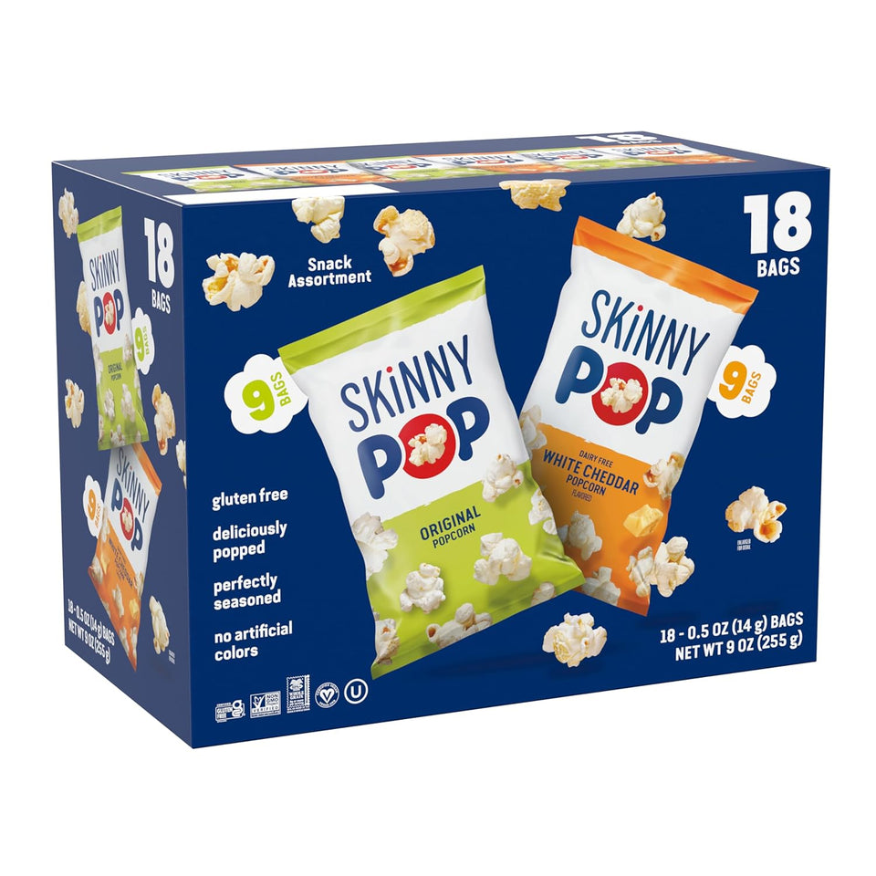 SkinnyPop Popcorn, Original and Dairy Free White Cheddar, Gluten Free, Non-GMO, 0.5oz Individual Size Snack Bags (18 Count)