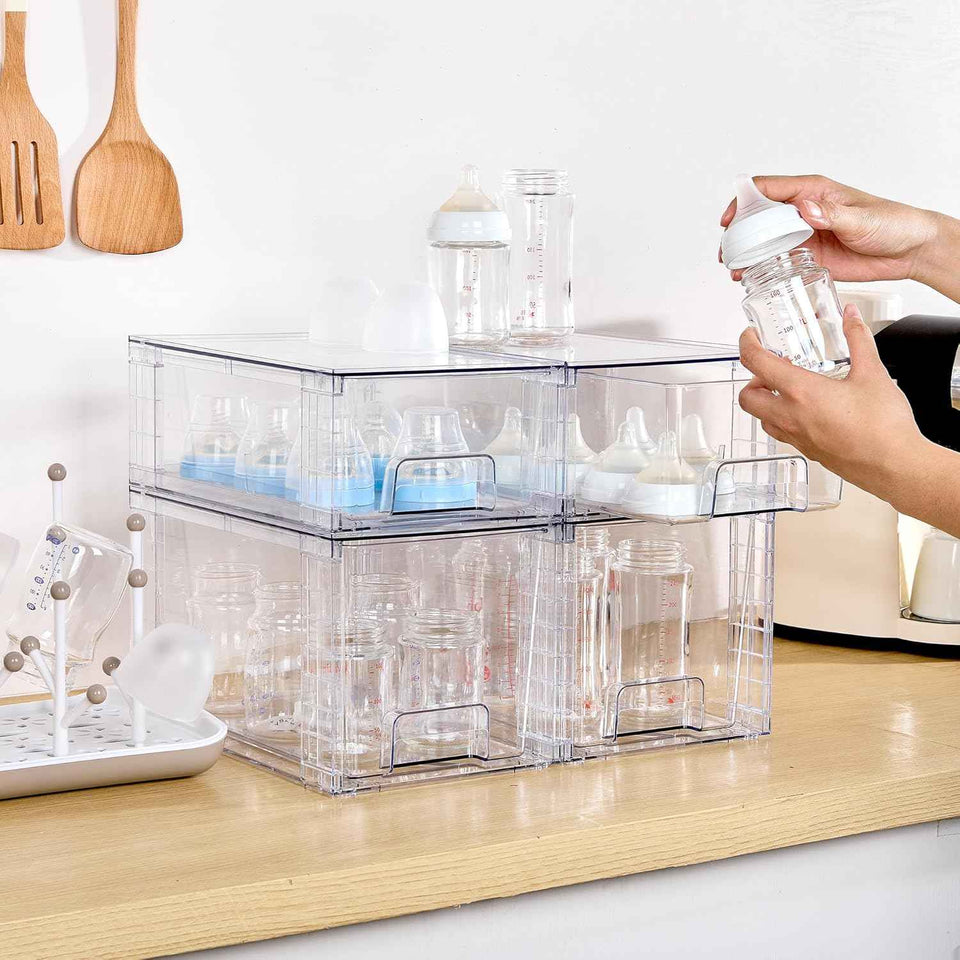 Vtopmart 4 Pack Clear Stackable Storage Drawers,Under Sink and Kitchen Organizers Storage,Easy to Assemble Plastic Drawers for Baby Bottle,Medicine, Bathroom,Cabinet and Pantry Organization