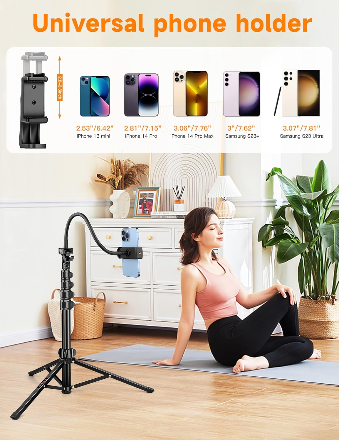 Phone Tripod, 86" Tall Tripod for iPhone with Flexible Gooseneck & Remote, Portable Aluminum Cellphone Stand for Selfies, Video Recording,Travel, Compatible with iPhone Android