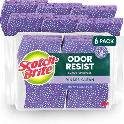 Scotch-Brite Odor Resist Non-Scratch Scrub Sponge, Dishwasher-Safe Kitchen Sponges that Resist Bacterial Odors, Multipurpose Dish Sponge for Gentle Cleaning, 6 Dish Sponges