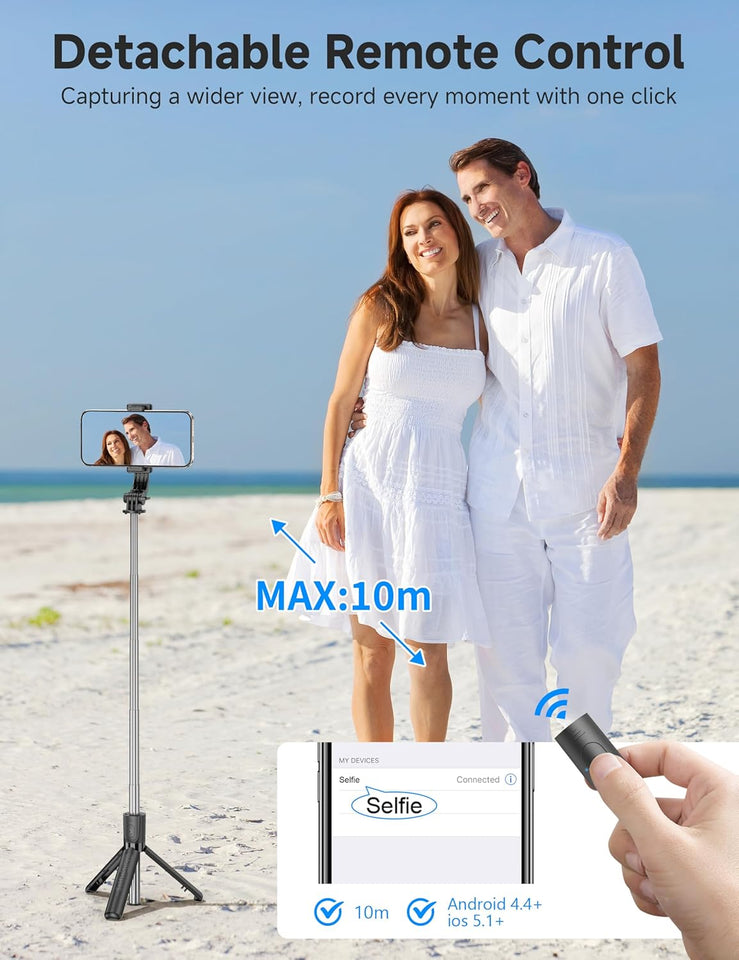 Portable Selfie Stick, 4 in 1 Extendable Phone Tripod Stand with Detachable Wireless Remote & Phone Holder 360° Rotating Mini Travel Tripod Compatible with iPhone 16/15/14/13 Pro/Android/Gopro
