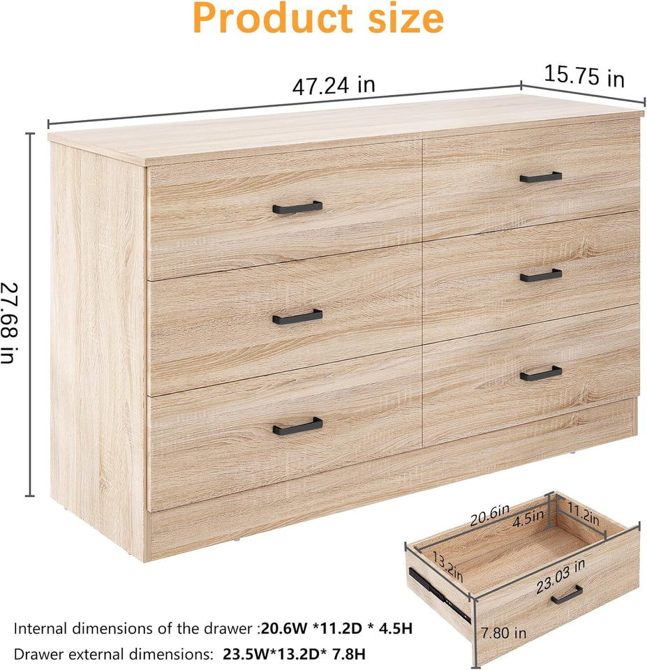 Bigbiglife Dresser for Bedroom, 6 Drawer Double Dresser, Modern Chest of Drawers with Deep Drawers, TV Stand Large Storage Organizer for Living Room, Closet (Light Oak)