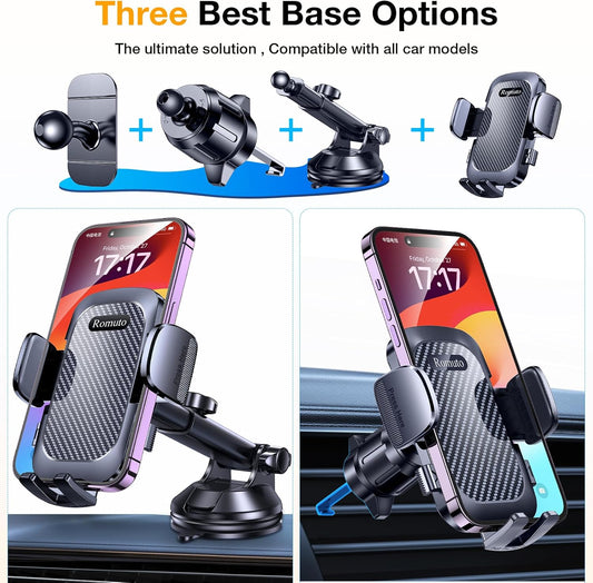Romuto Phone Holders for Your Car Phone Holder Mount【Super Suction】Cell Phone Mount for Car Accessories for Women Men Windshield/Vent/Dashboard Pad Mount Truck Stand GPS Dash Holder for iPhone Samsung