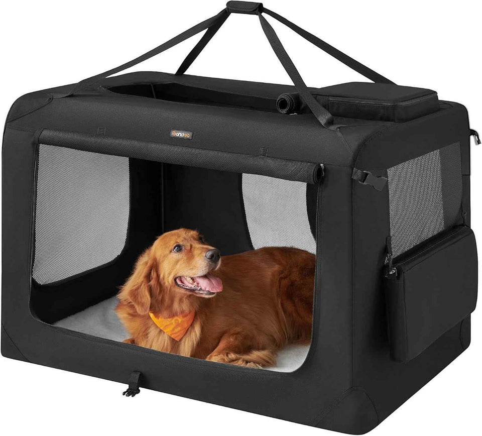 Feandrea 40 Inches Collapsible Soft Dog Crate, Portable Travel Dog Crate for Indoor and Outdoor Use, Dog Carrier Kennel with Safety Zippers, for Living Room, Car, Travelling, Camping, Black UPDC10H