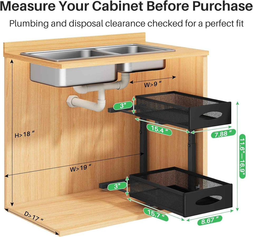 Under Sink Organizer with 2 Tier Pull-Out Cabinet Organizer Baskets and Mesh Sliding Drawers for Home, Kitchen, Bathroom, Pantry, Office