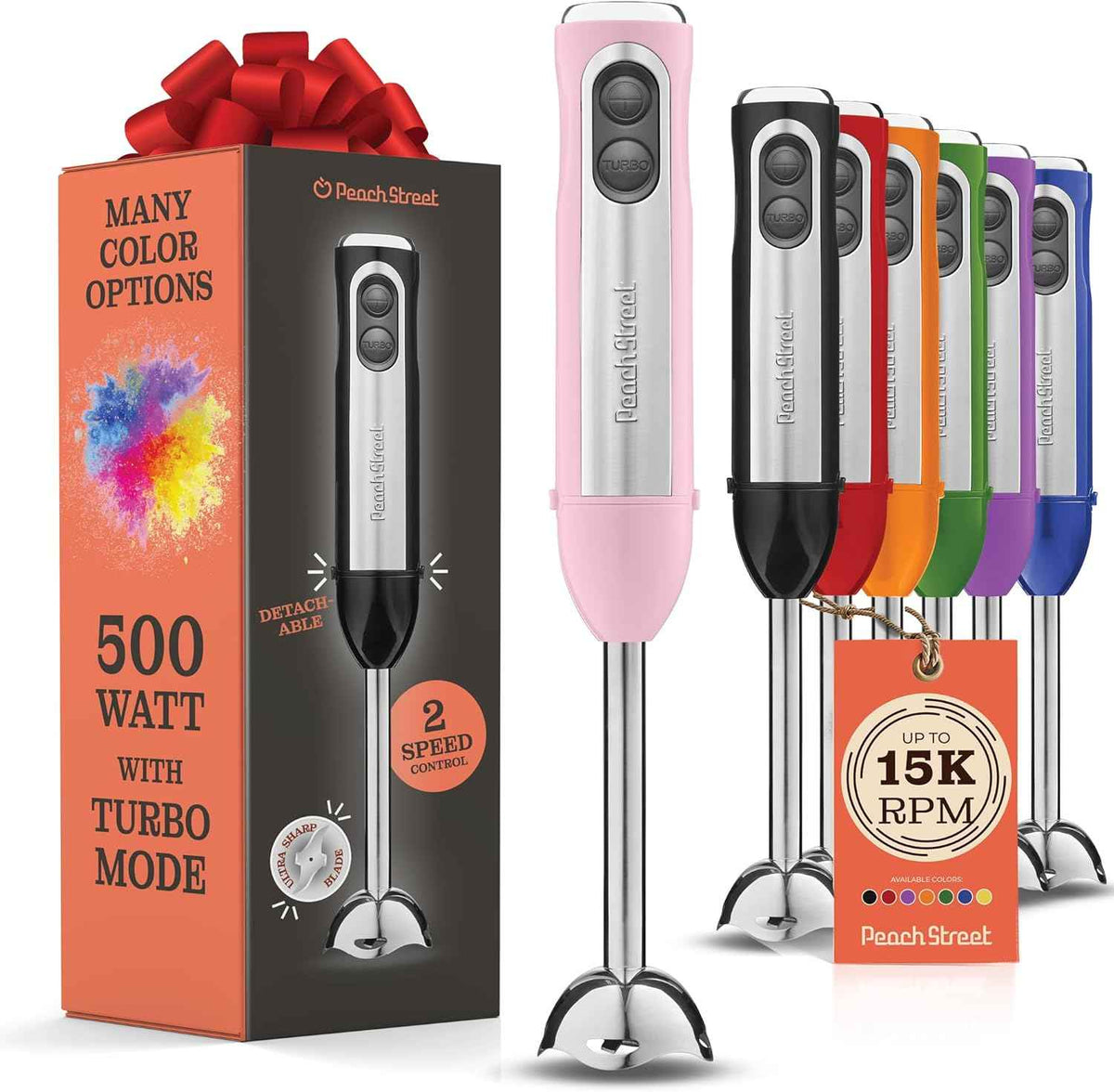 Powerful Immersion Blender, Electric Hand Blender 500 Watt with Turbo Mode, Detachable Base. Handheld Kitchen Gadget Blender Stick for Soup, Smoothie, Puree, Baby Food, 304 Stainless Steel Blades