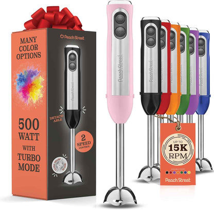 Powerful Immersion Blender, Electric Hand Blender 500 Watt with Turbo Mode, Detachable Base. Handheld Kitchen Gadget Blender Stick for Soup, Smoothie, Puree, Baby Food, 304 Stainless Steel Blades