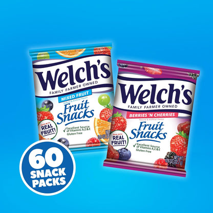 Welch's Fruit Snacks, Mixed Fruit & Berries 'N Cherries Variety Pack, Great for School Lunches, Bulk Pack, Individual Single Serve Bags, 0.8 oz (Pack of 60)