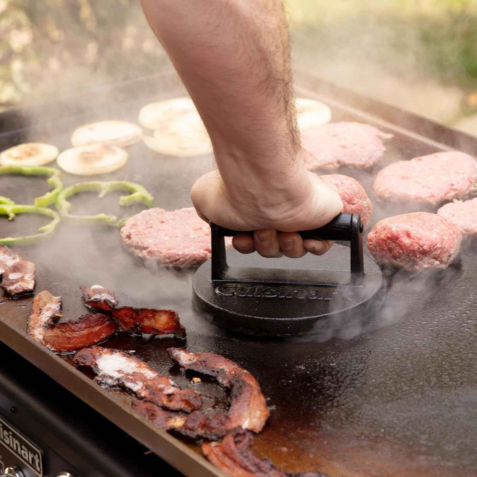 Cuisinart 6.5" Cast Iron Smashed Burger Press, Round Flat Edge Grill Press for Crispy Smash Burgers, Burger Tool for Grill and Griddle Accessories, for BBQs and Tailgates