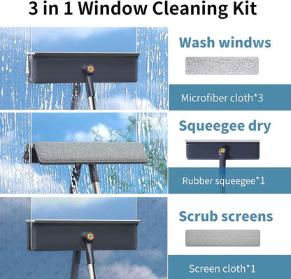 3 in 1 window squeegee with 60 extension pole for home glass mirrors and screens cleaning kit
