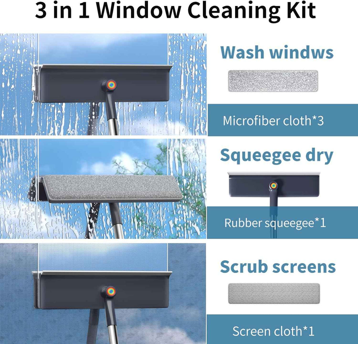 3 in 1 window squeegee with 60 inch extension pole for home glass mirrors and screens cleaning kit
