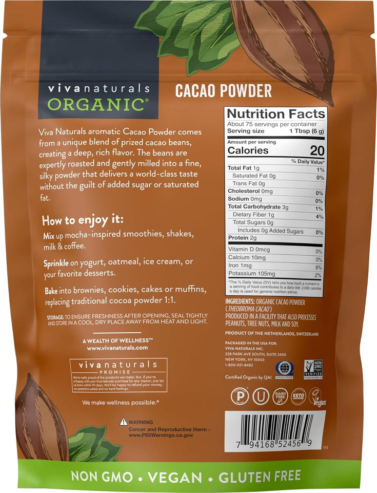 organic unsweetened cacao powder 1 lb rich dark chocolate flavor vegan keto paleo non-gmo gluten-free