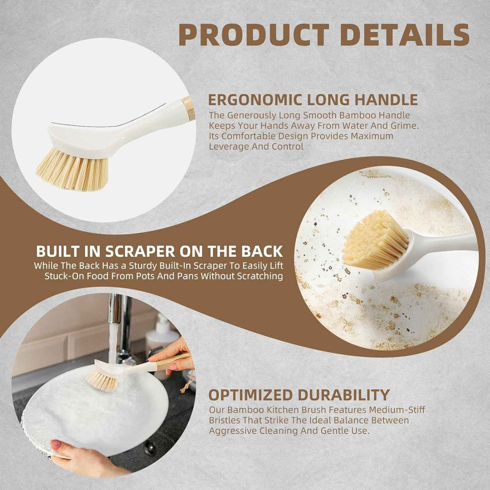 Bamboo Dish Scrubber Brush Set - 4 Pack with Built-in Scraper for Pots, Sinks