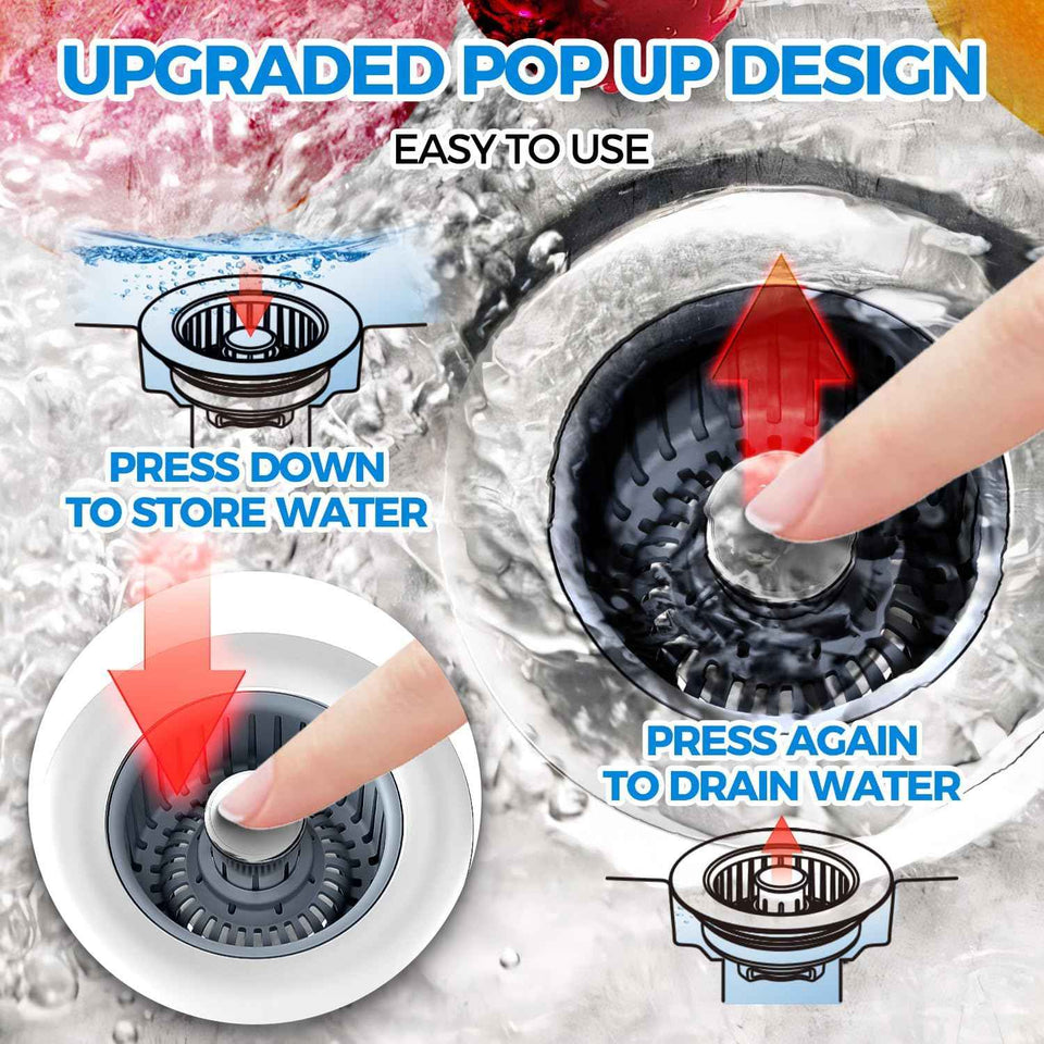 Stainless Steel 3 in 1 Kitchen Sink Drain Strainer & Stopper with Anti-Clogging Basket, fits US Standard 3-1/2'' Sink Drain Hole, Silver