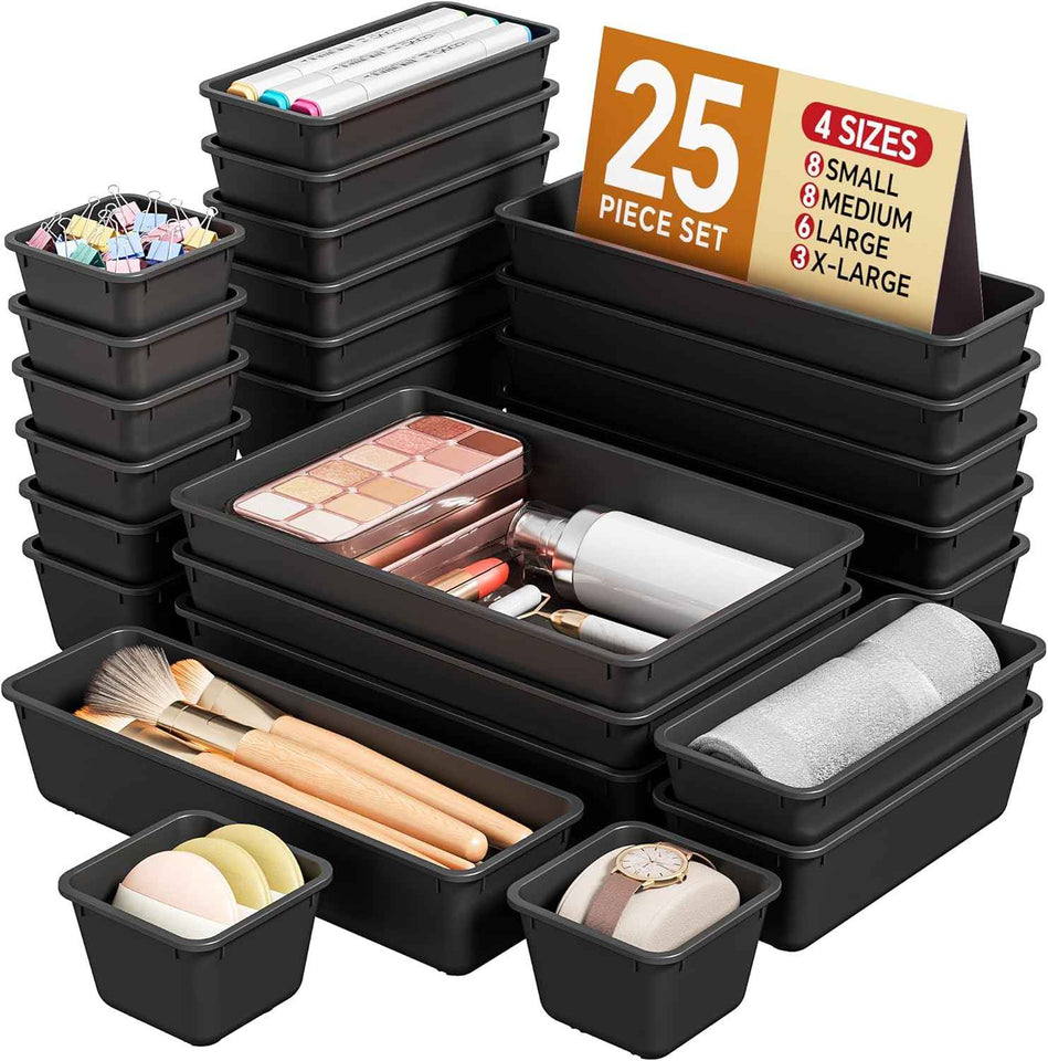 25-piece plastic drawer organizer set, 4 sizes, black, for makeup and desk storage
