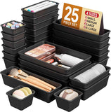 25-piece plastic drawer organizer set, 4 sizes, black, for makeup and desk storage