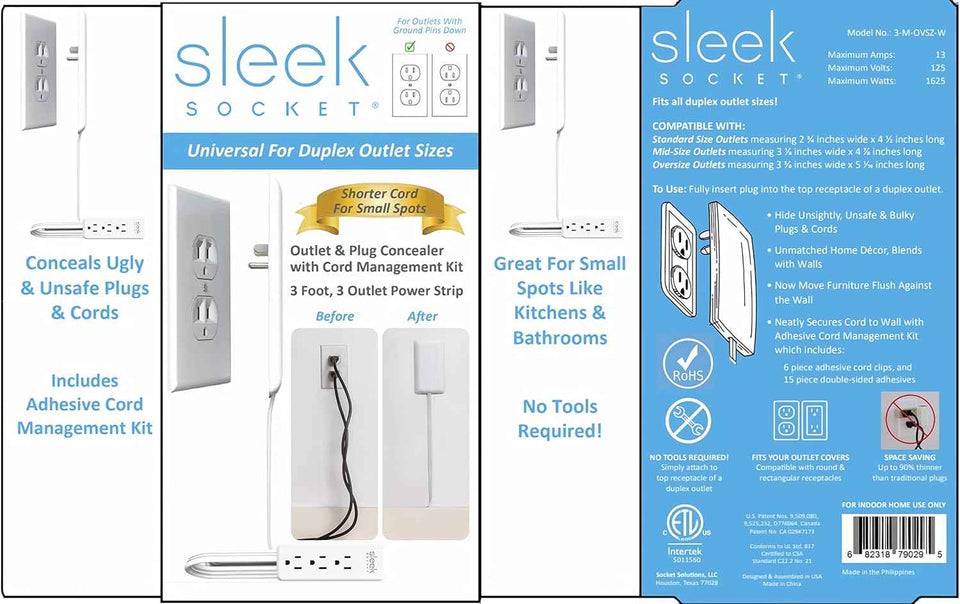 Sleek Socket Original & Patented Flat Ultra-Thin Outlet Concealer with Extension Cord Kit, Multi Outlets Power Strip, Ideal for Home Improvement, Hide Bulky and Messy Cords, 3ft
