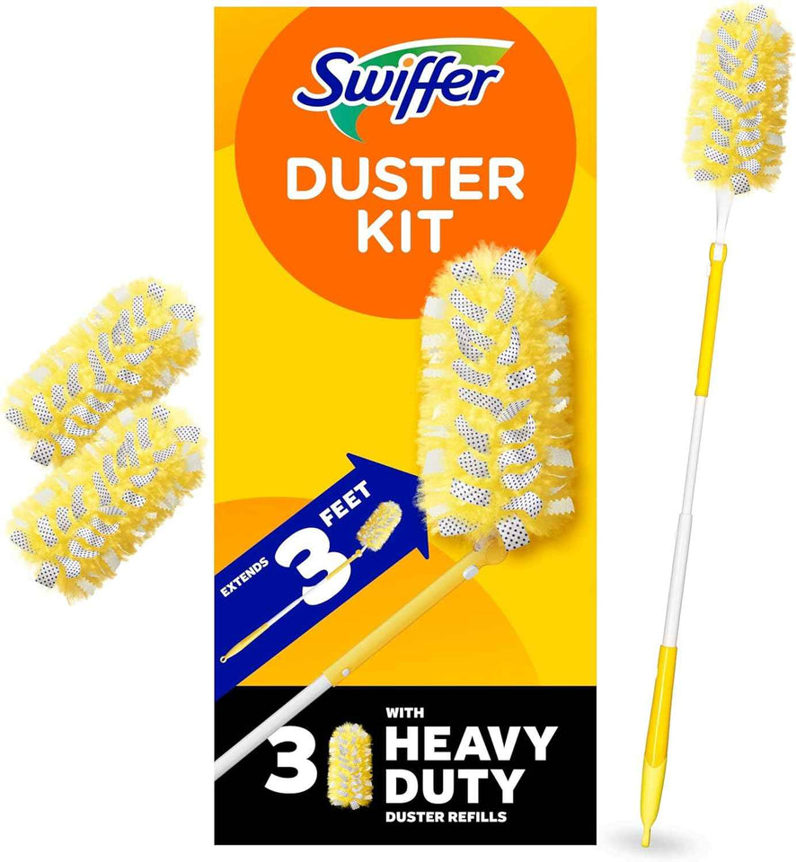 swiffer heavy duty 3 ft extendable handle starter kit with 3 refills, 2x more fibers, allergen removal