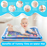Baby lying on a water mat with text highlighting benefits of tummy time.