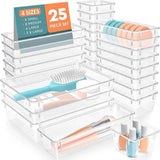 25 PCS Plastic Drawer Organizer Set, 4-Size Versatile Organizer Trays & storage Bins for Makeup, Jewelry, and Gadgets in Bathroom, Bedroom and Office,Clear Black