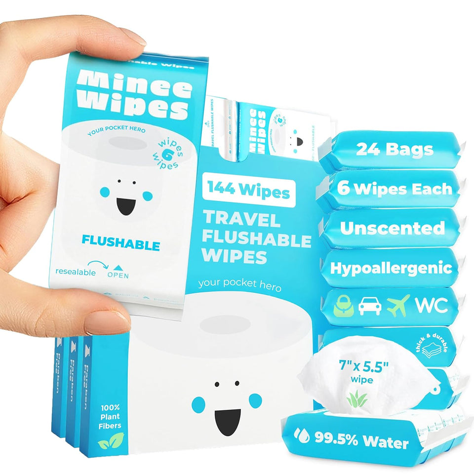 Compact Travel Flushable Wipes for Sensitive Skin - 99.5% Water and Aloe - 8 Pack 48 Wipes