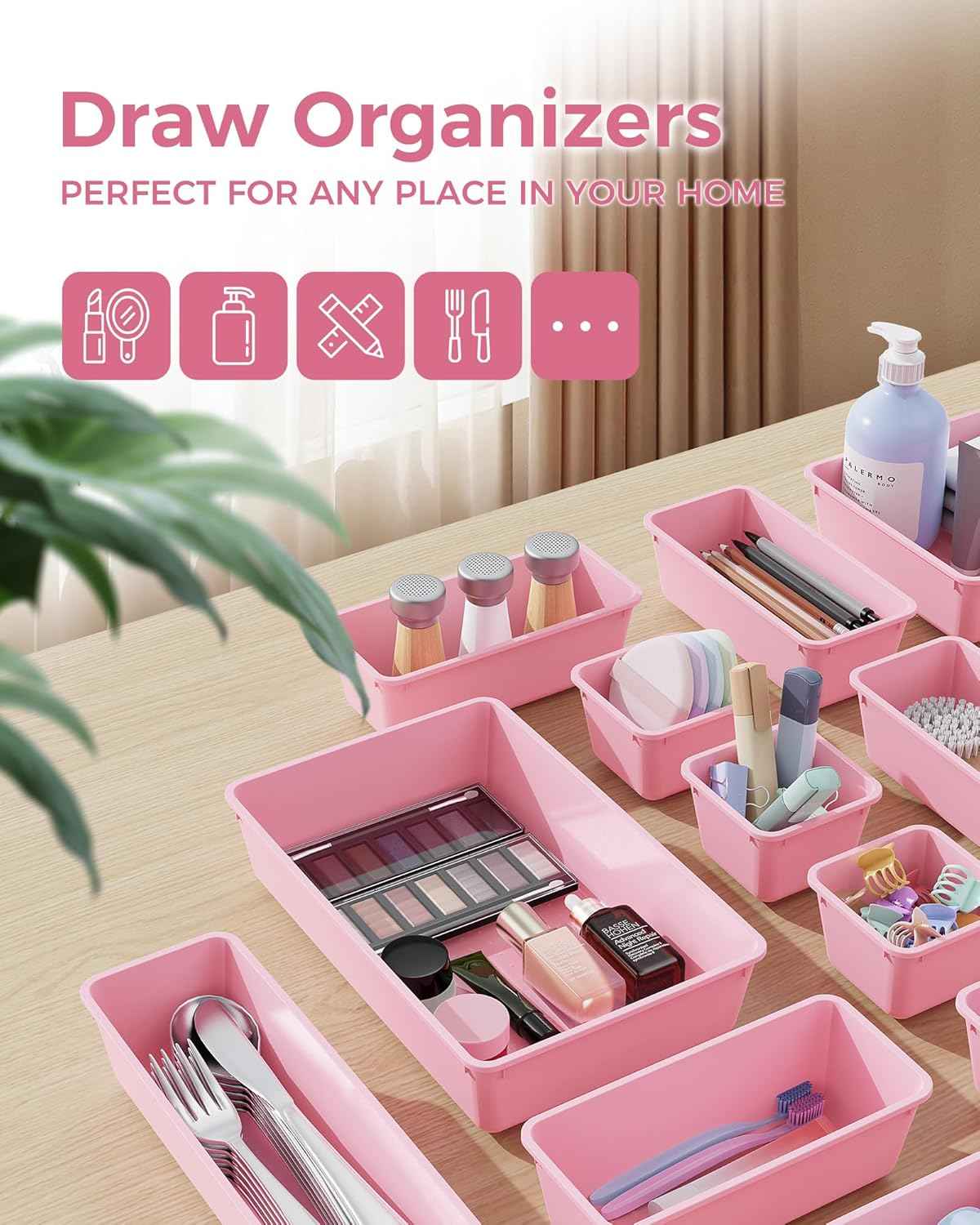 25 PCS Plastic Drawer Organizers Set, 4-Sizes Vanity and Makeup Organizer