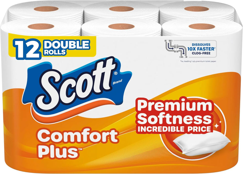 Scott ComfortPlus Toilet Paper, 12 Double Rolls, 231 Sheets per Roll, Septic-Safe, 1-Ply Toilet Tissue