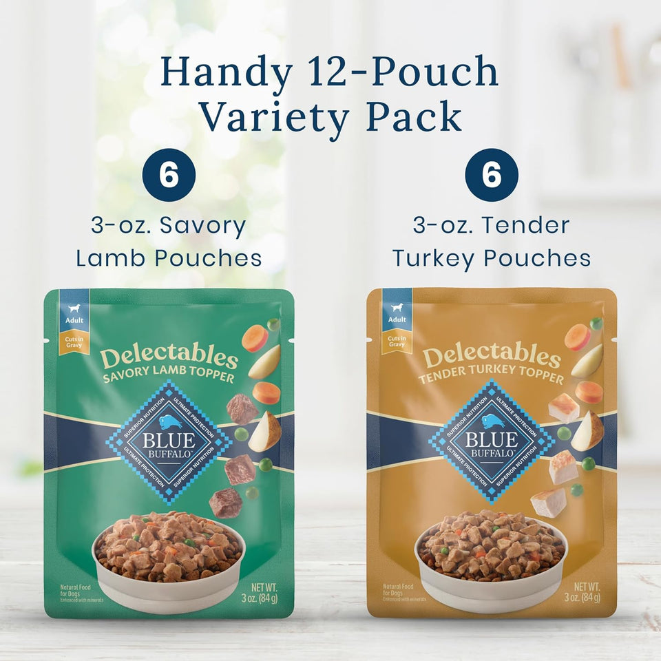 Blue Buffalo Delectables Natural Wet Dog Food Topper Variety Pack, Lamb & Turkey Dinner, 3oz, 12-Pack, 6-Flavor Assortment