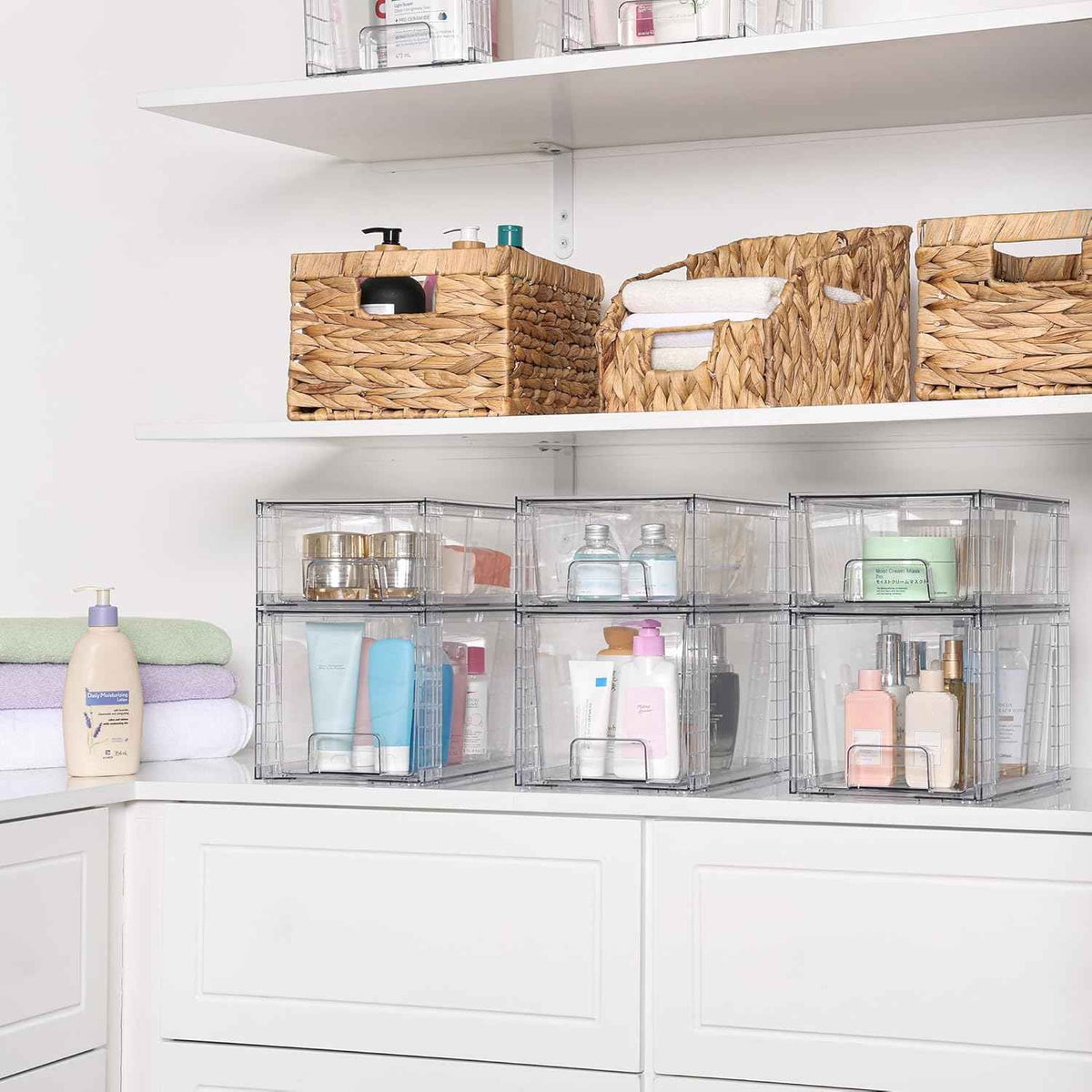 Vtopmart 4 Pack Clear Stackable Storage Drawers,Under Sink and Kitchen Organizers Storage,Easy to Assemble Plastic Drawers for Baby Bottle,Medicine, Bathroom,Cabinet and Pantry Organization