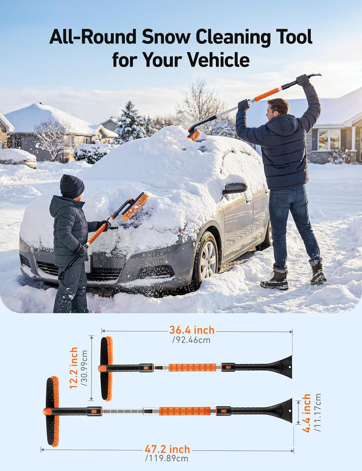 astroai 47.2 inch ice scraper with extendable snow brush and 360° pivoting head for cars and trucks (orange)
