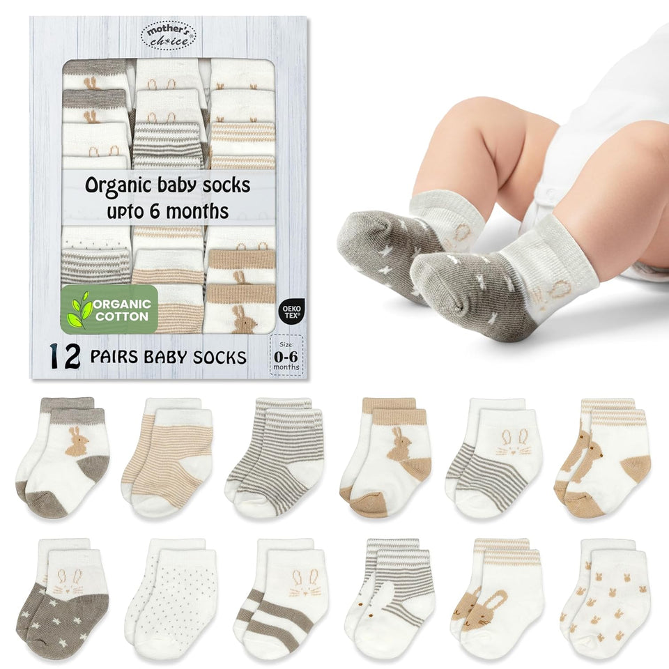 Mother's Choice Organic Cotton Baby Socks 0-6 Months, 12 pairs, Soft, Cozy, and Gentle Socks for Infants Girls and Boys