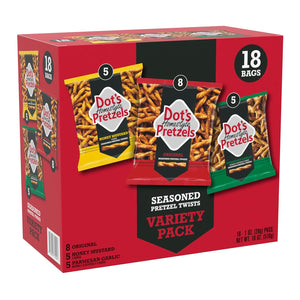 Dot's Homestyle Pretzels Variety Pack, 18-count, 1oz Individually Sized Bags, Original, Honey Mustard, and Parmesan Garlic Twist Snack