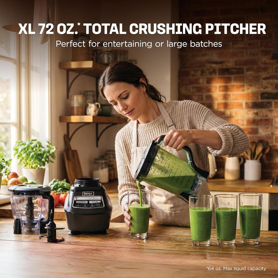 Ninja Kitchen System | All-in-One Food Processor & Blender for Smoothies | Includes Pitcher, (2) 16 oz. To-Go Cups & 8-Cup Bowl | Makes Salsa, Dough, Shakes, & Frozen Drinks | 1500W | Black | BL770
