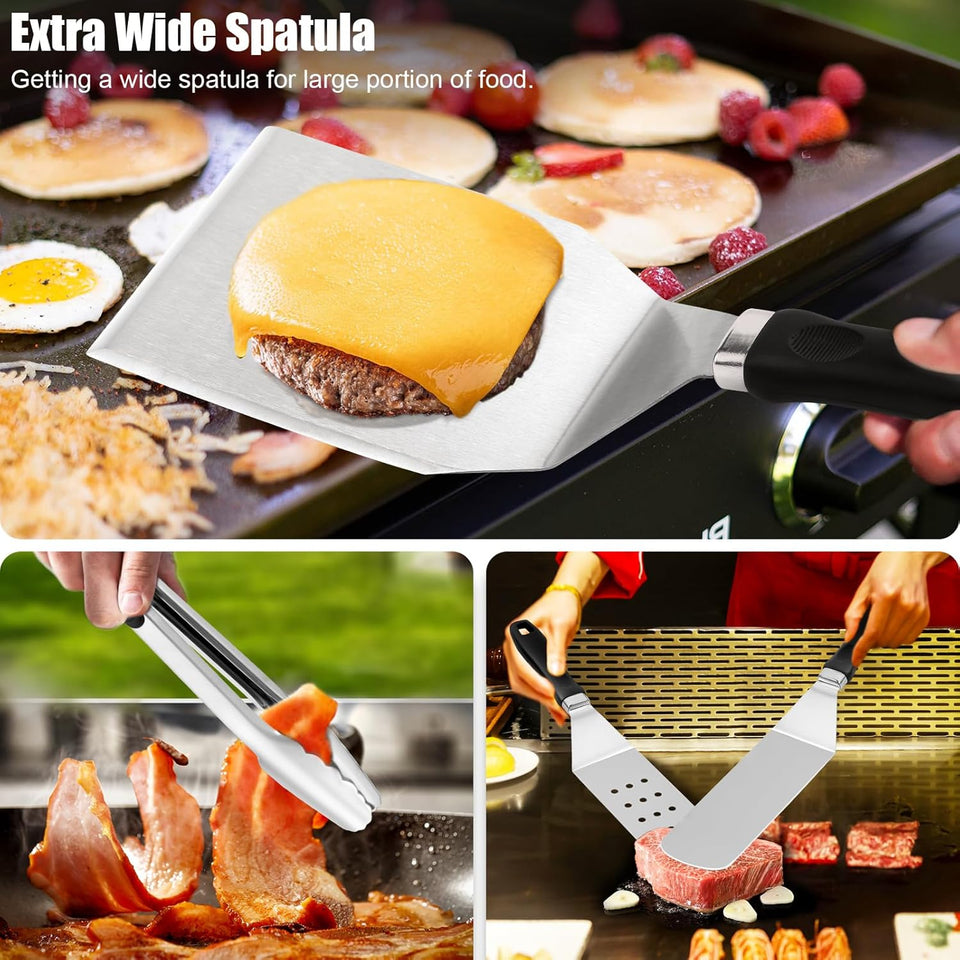 27pcs Griddle Accessories Kit for Blackstone, Professional Hibachi Flat Top Grill Tools, Enlarged Spatula Gift Set with Basting Cover，Burger Press Patty Maker for Outdoor BBQ Teppanyaki
