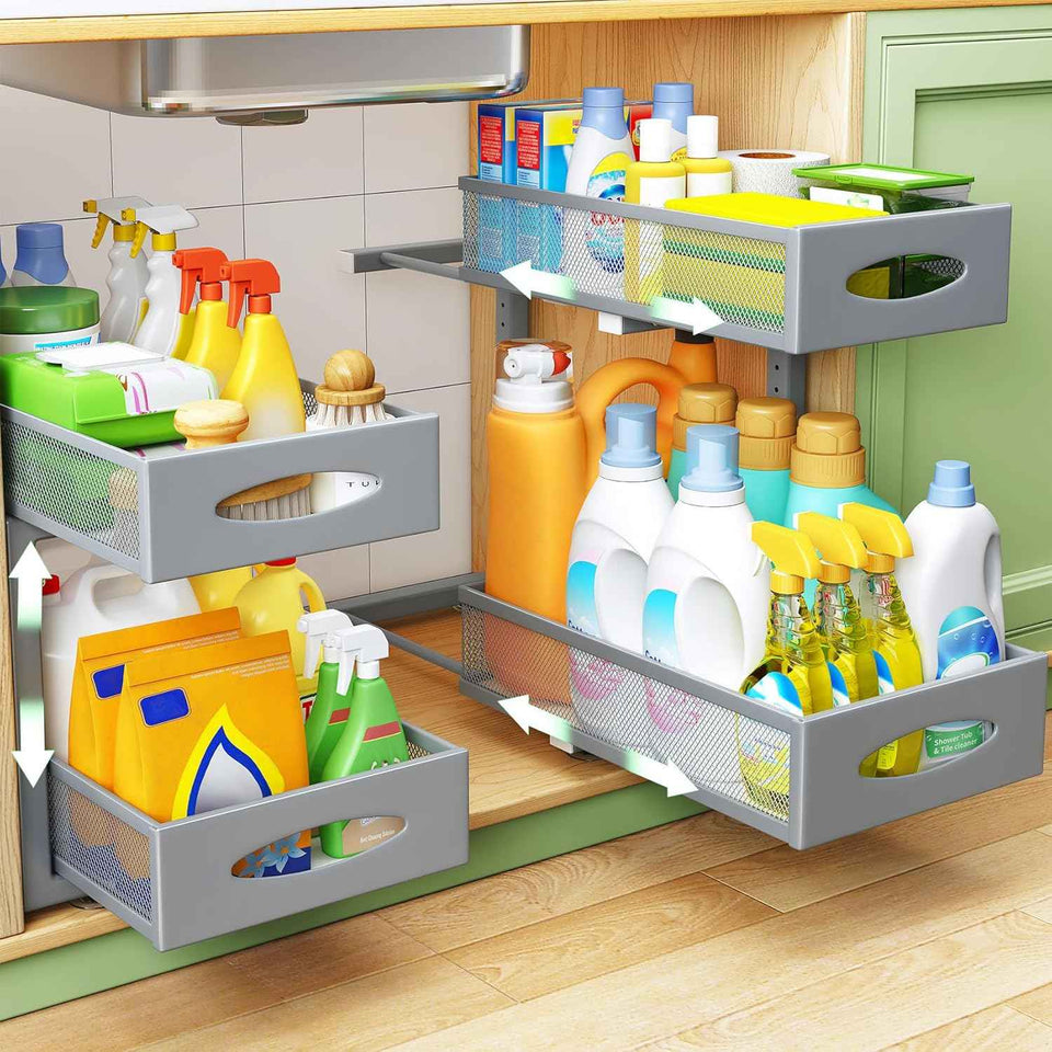 Under Sink Organizer, 2 Tier Pull out Cabinet Organizer Baskets with Mesh Sliding Drawers, Slide out Storage Shelf for Home, Kitchen, Bathroom, Pantry, Office Cabinet, Countertop(1 Pack)