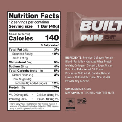 Built Bar, Puff Protein Bars, Brownie Batter Puff, 17g Protein Snacks, On-The-Go Bars, Only 140 Calories, 6g Sugar, Collagen, Gluten Free, 12 Count
