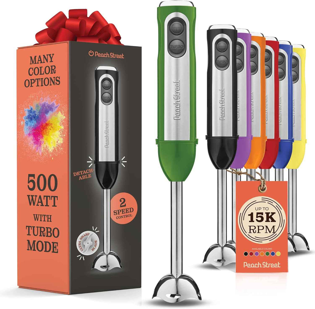 Powerful Immersion Blender, Electric Hand Blender 500 Watt with Turbo Mode, Detachable Base. Handheld Kitchen Gadget Blender Stick for Soup, Smoothie, Puree, Baby Food, 304 Stainless Steel Blades