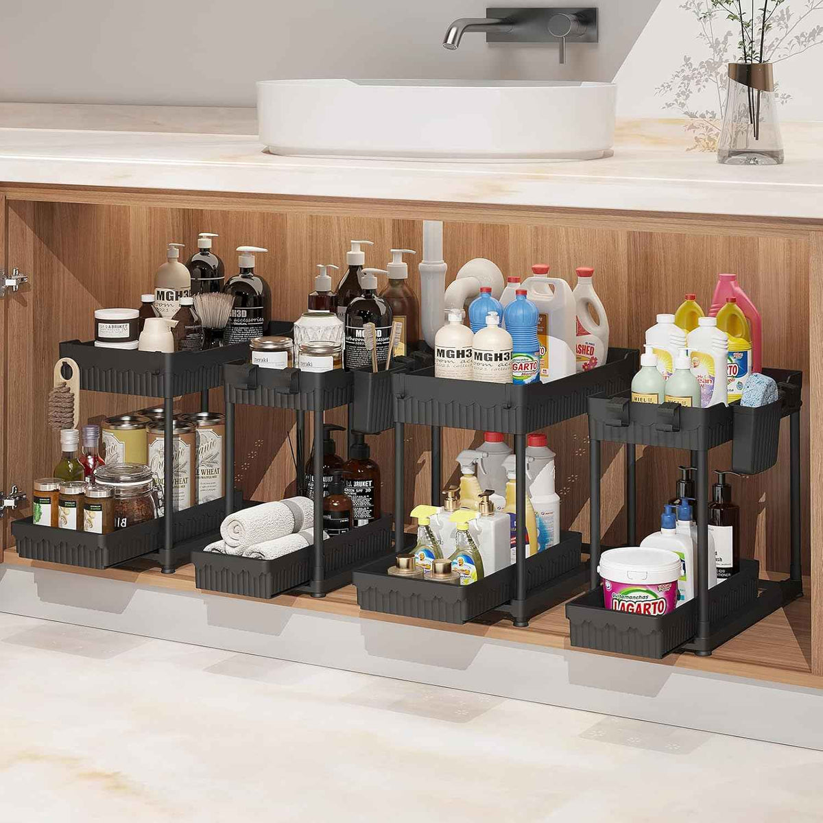 4 Pack Under Sink Organizer, Bathroom Organizers and Storage, 2 Tier Multi-Use Pull Out Cabinet Organizer with Hang Hooks and Cups (Black, 4 Pack)