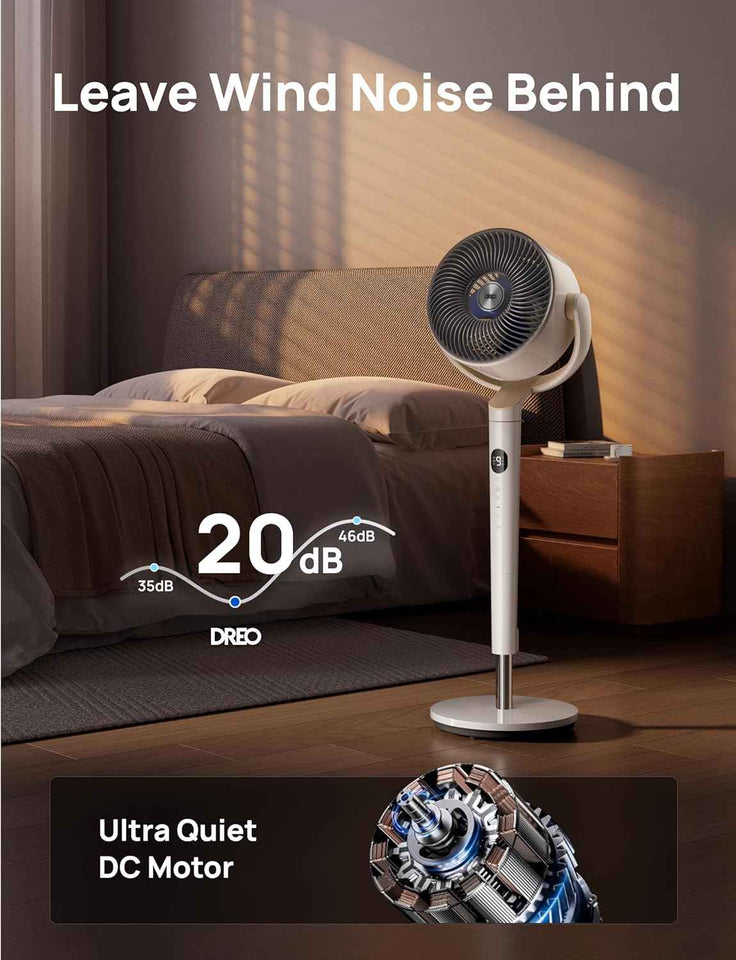 Dreo 120°+120° Omni-Directional Oscillating Fan, 90ft Pedestal Fan with RGB Light, 9 Speeds, 6 Modes, 20dB, 8H Timer, Wi-Fi, Voice, Alexa Control, 37-42" Floor Fan with Remote