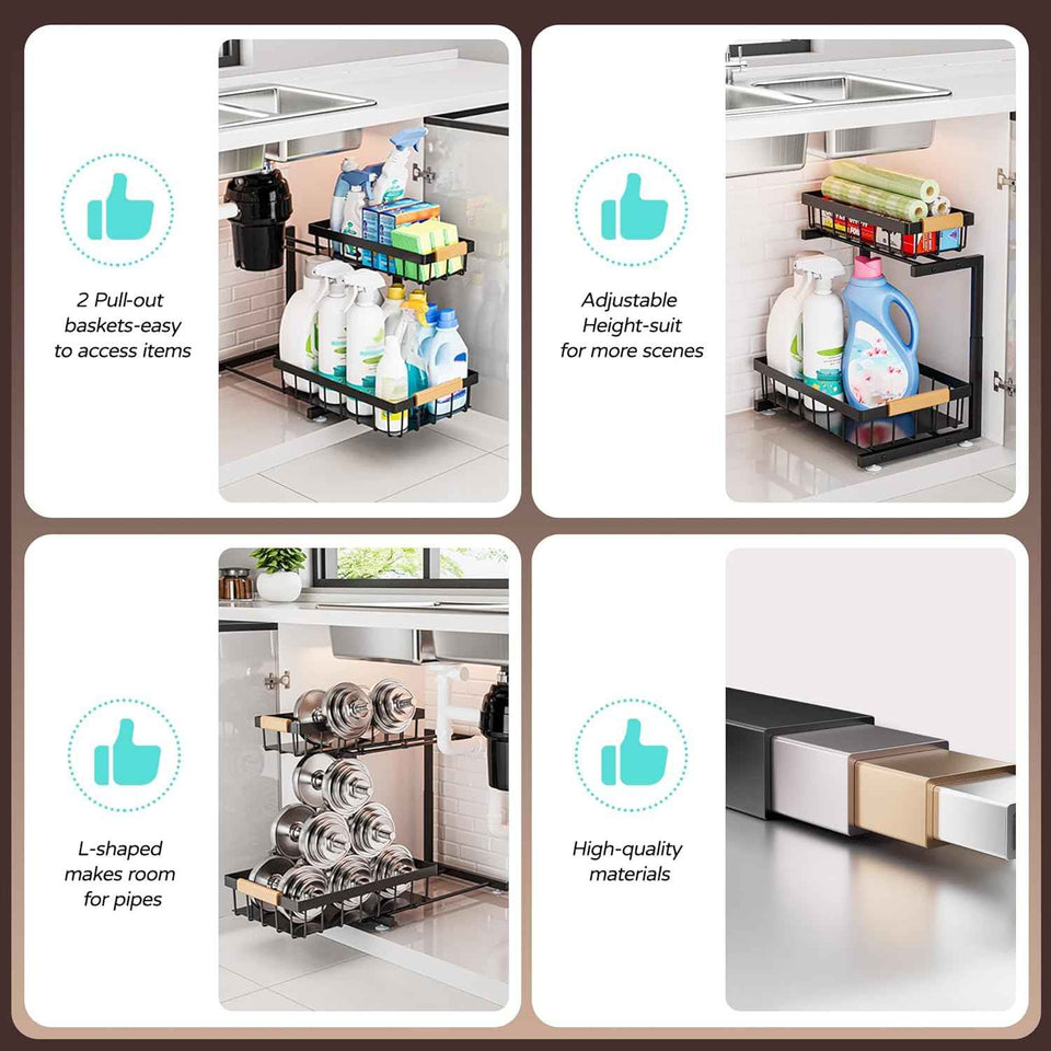 ADBIU Under Sink Organizer, 2 Pack 2 Tier Expandable Height (13.2" - 17.2") Pulling Out Kitchen Bathroom Cabinet Organizers