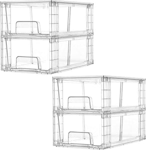 Vtopmart 4 Pack Stackable Storage Drawers,Clear Acrylic Drawer Organizers with Handles, Easily Assemble for Fridge, Bathroom,Kitchen Undersink,Cabinet,Pantry Organization and Storage